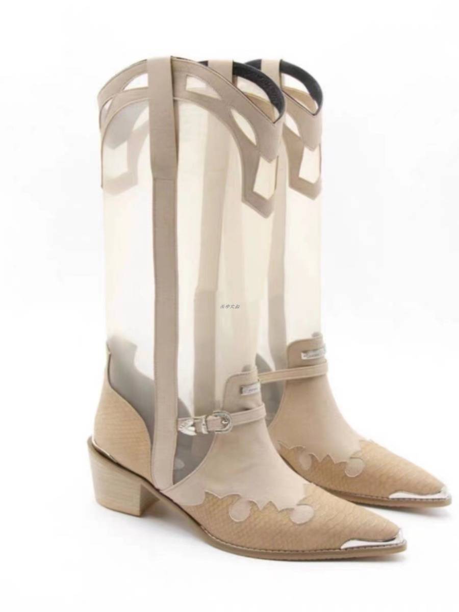 2024 Summer new retro European and American style, transparent embroidery long tube pointed head western denim boots high heels, rough boots women