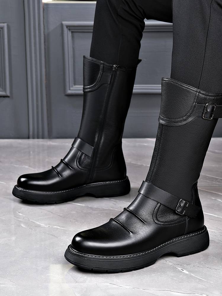 Denim boots men's soft leather thick sole leather locomotive Knights high boots high -top and velvet showing thin brown Martin boots