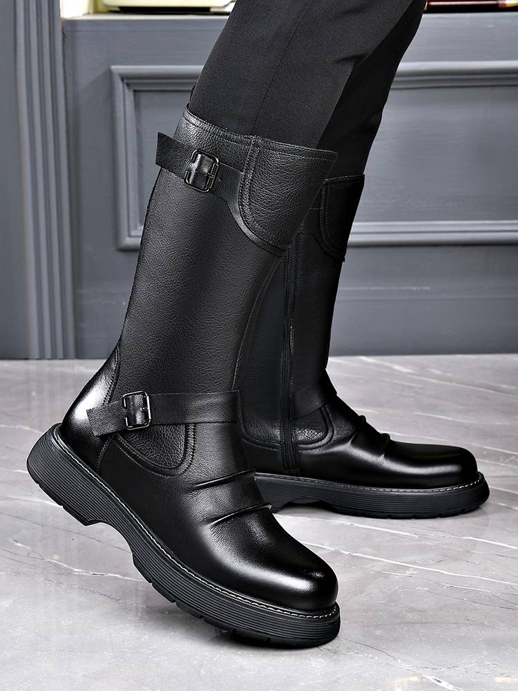 Denim boots men's soft leather thick sole leather locomotive Knights high boots high -top and velvet showing thin brown Martin boots