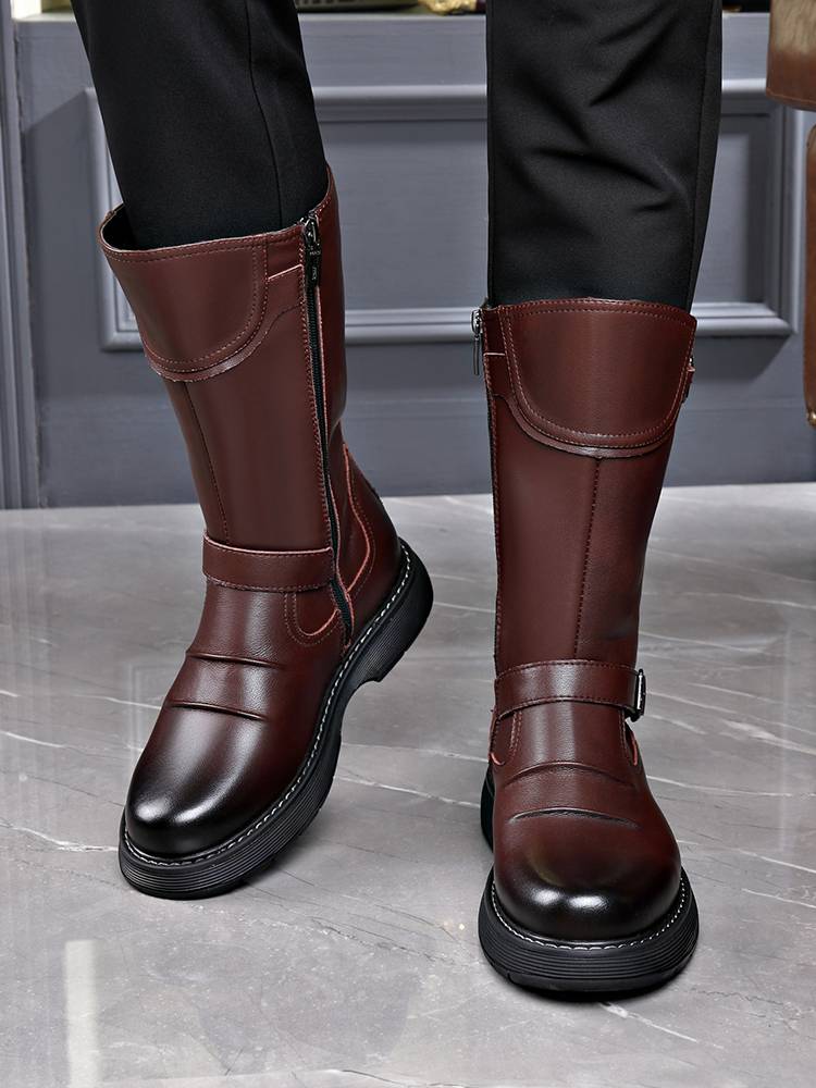 Denim boots men's soft leather thick sole leather locomotive Knights high boots high -top and velvet showing thin brown Martin boots