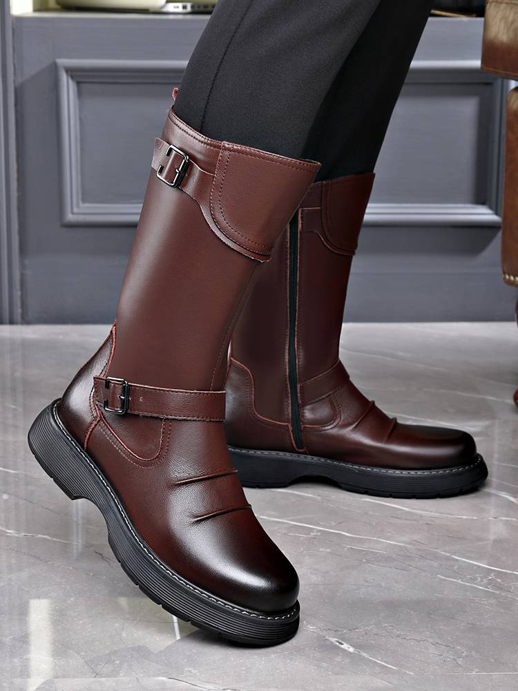 Denim boots men's soft leather thick sole leather locomotive Knights high boots high -top and velvet showing thin brown Martin boots
