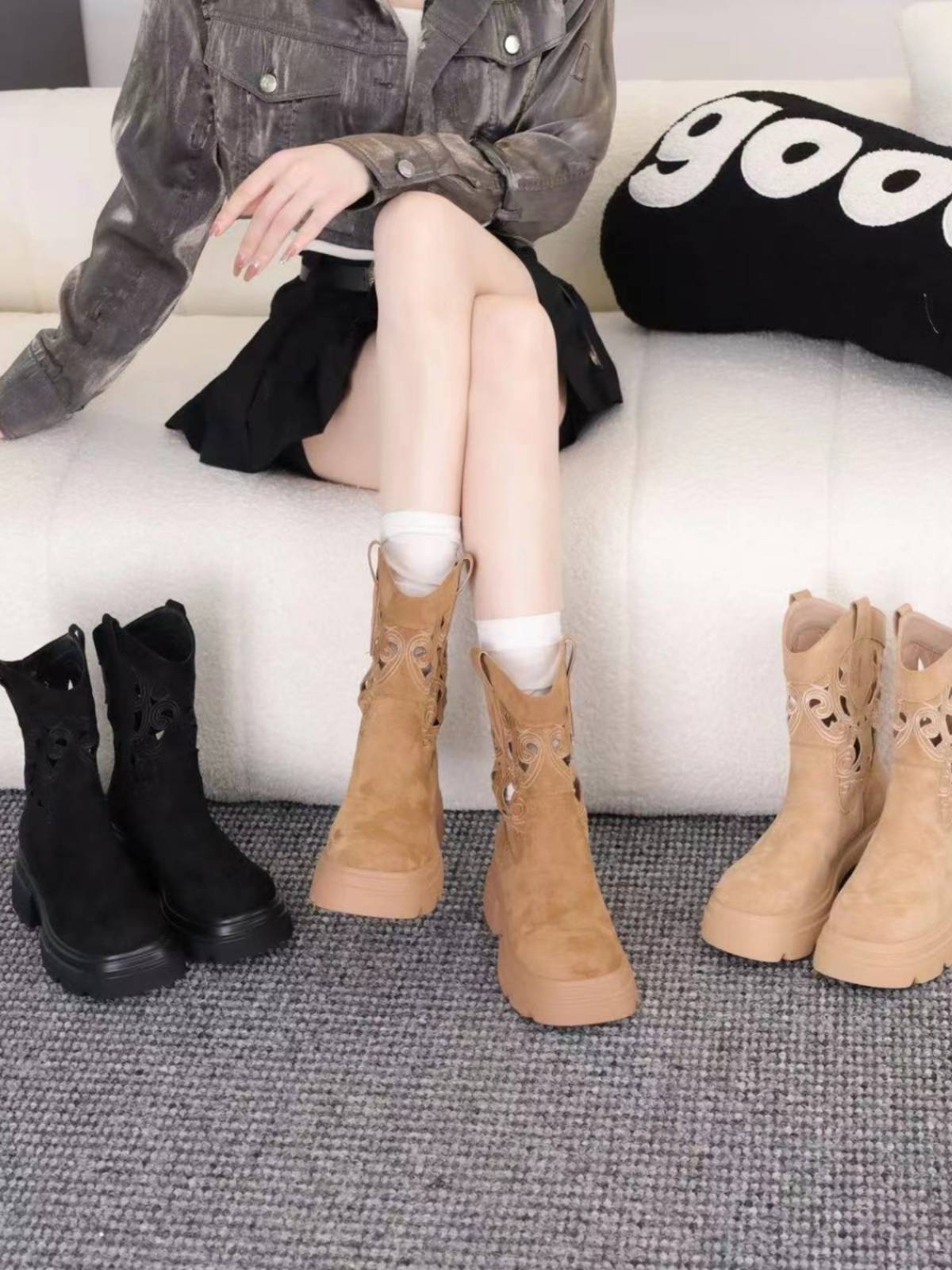 2024 summer new retro western denim short boots hollow and breathable heights female boots Martin boots