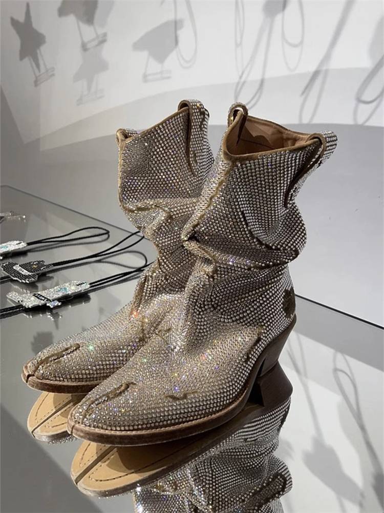 Cowhide version ~ Western denim boots European and American rhinestones Martin boots 2024 new pile boots split toe boots