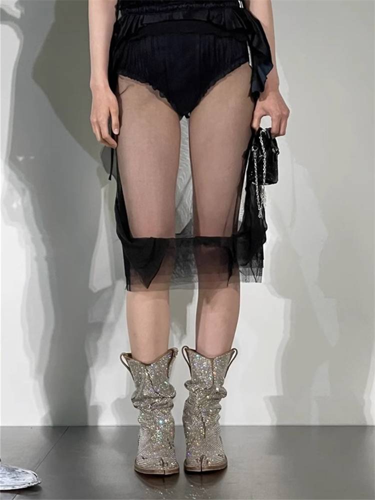 Cowhide version ~ Western denim boots European and American rhinestones Martin boots 2024 new pile boots split toe boots