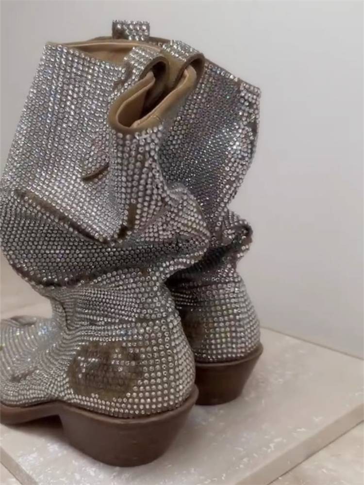 Cowhide version ~ Western denim boots European and American rhinestones Martin boots 2024 new pile boots split toe boots