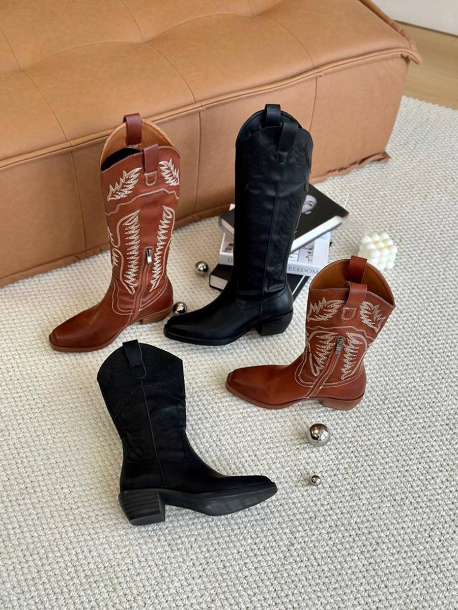 Cowhide version ~ Black retro western denim boots pointed heels, leather embroidery boots, but knee boots children