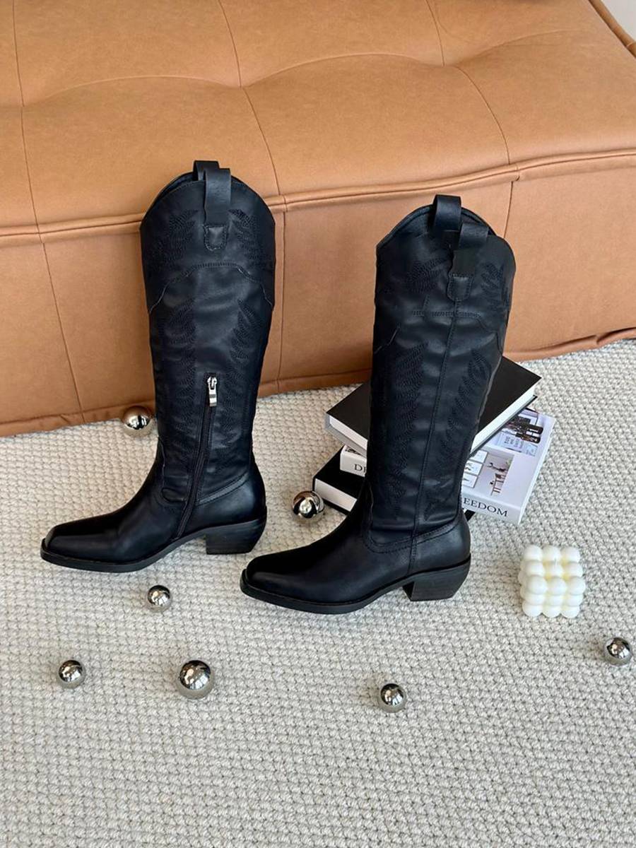 Cowhide version ~ Black retro western denim boots pointed heels, leather embroidery boots, but knee boots children