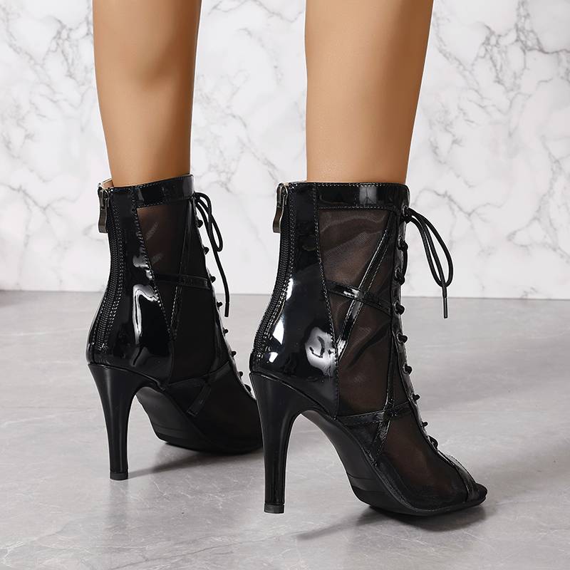 Latin shoe net gauze bowls and short boots large size with jazz dance dance high -heeled sandals fine heel female fish mouth net boots