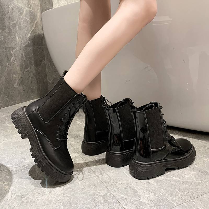 Lean -thin boots plus velvet small Martin boots female 2023 autumn and winter new versatile black British style boots