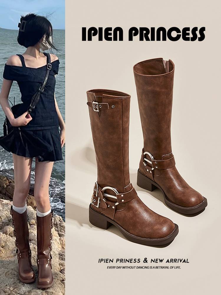 Marad boots children 2024 New brown retro western denim boots thick bottom high -end high -end knight boots