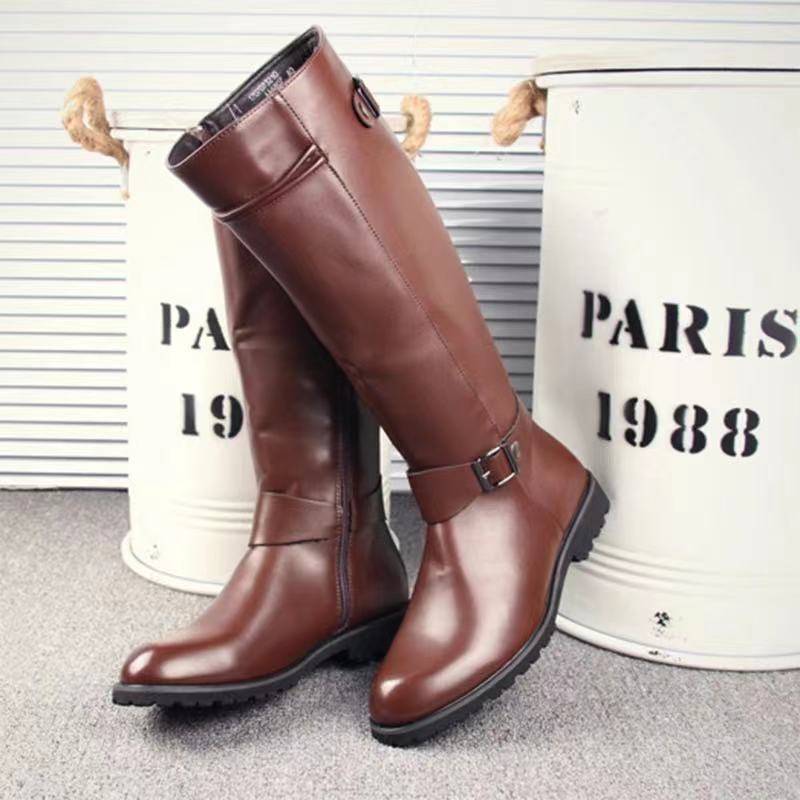 Men's riding boots, British fashion knights, leather boots, pointed high tube to knee Martin boots stage to perform men's boots