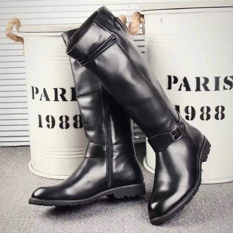 Men's riding boots, British fashion knights, leather boots, pointed high tube to knee Martin boots stage to perform men's boots