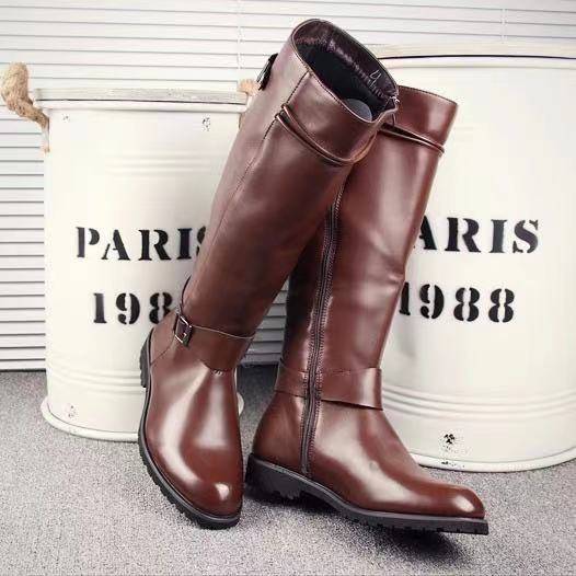 Men's riding boots, British fashion knights, leather boots, pointed high tube to knee Martin boots stage to perform men's boots