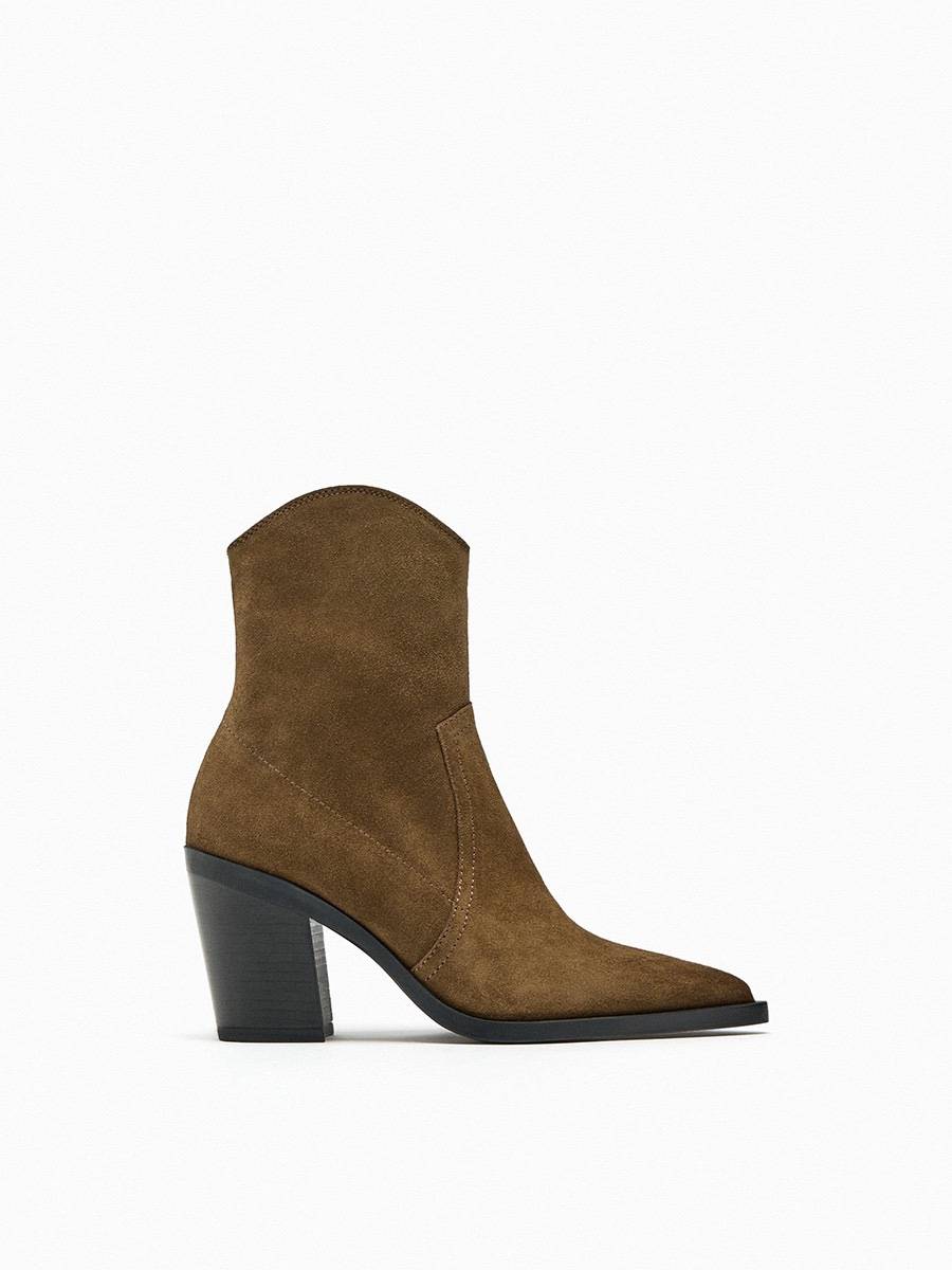 ZA denim shoe heel leather western boots 2023 autumn pointed thick heel side zipper Martin boots high -heeled short boots female