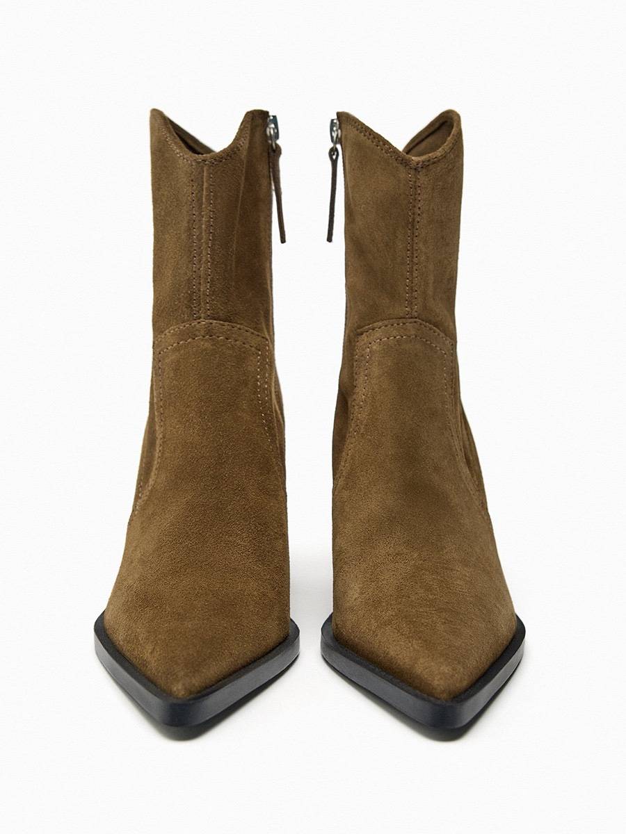 ZA denim shoe heel leather western boots 2023 autumn pointed thick heel side zipper Martin boots high -heeled short boots female