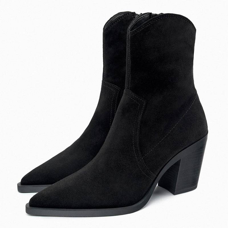 ZA denim shoe heel leather western boots 2023 autumn pointed thick heel side zipper Martin boots high -heeled short boots female