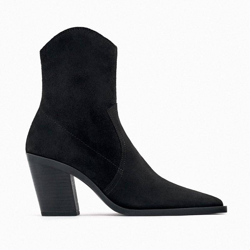ZA denim shoe heel leather western boots 2023 autumn pointed thick heel side zipper Martin boots high -heeled short boots female