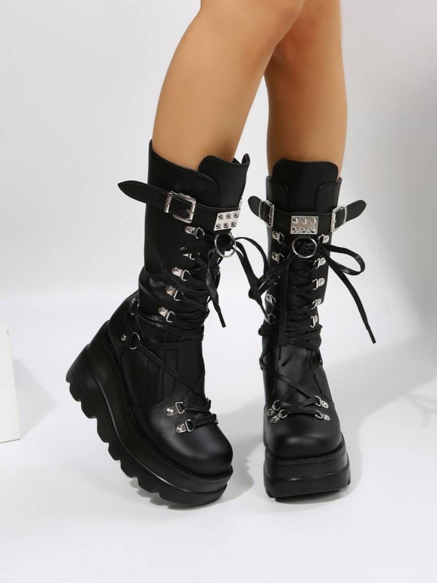 Amazon Cross -border slope Knight boots 2024 new European and American big size punk, handsome and handsome bottom bangs