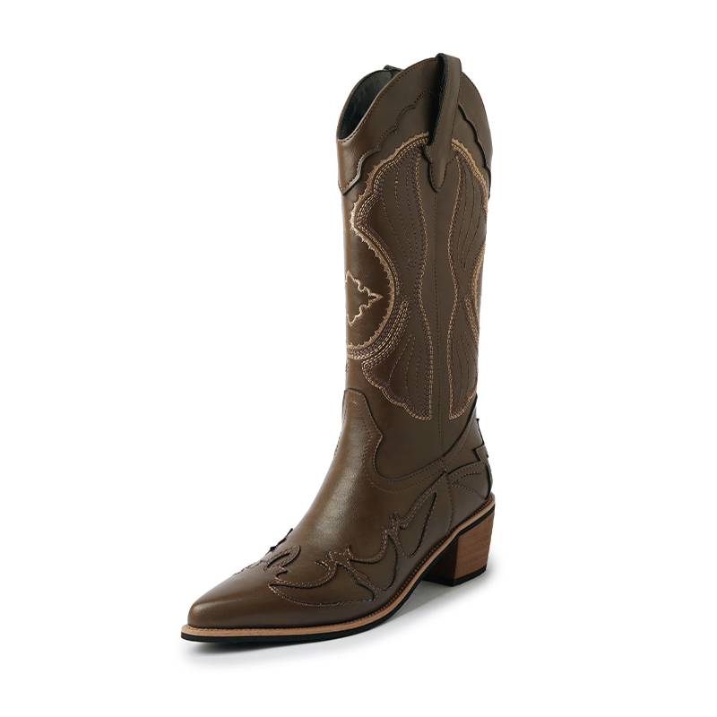 Leather French V -mouth white embroidery Western denim boots in the grassland Sichuan Xinjiang, wearing high -tech boots women