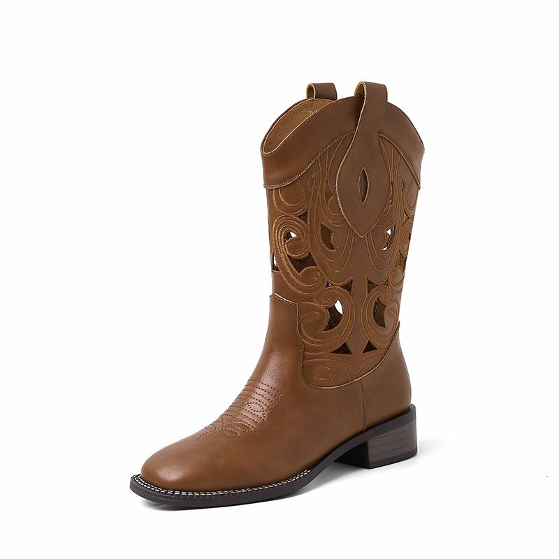 3.5cm leather embroidery carved western boots female hollow retro -ventilation British style V mouth short boots