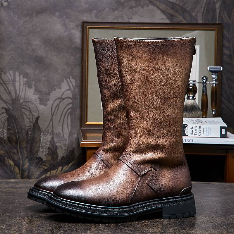 New long leather boots British retro leather high boots male handmade cowhide high -top Martin boots locomotive boots