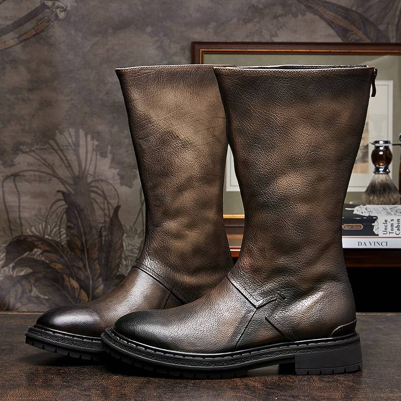 New long leather boots British retro leather high boots male handmade cowhide high -top Martin boots locomotive boots