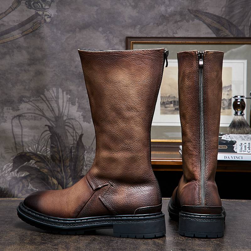 New long leather boots British retro leather high boots male handmade cowhide high -top Martin boots locomotive boots