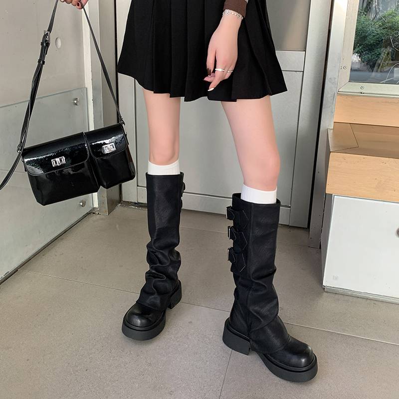 2024 new thick high heel thick -bottom wrinkle boots Fashion versatile kraft long boots British style Western denim boys women