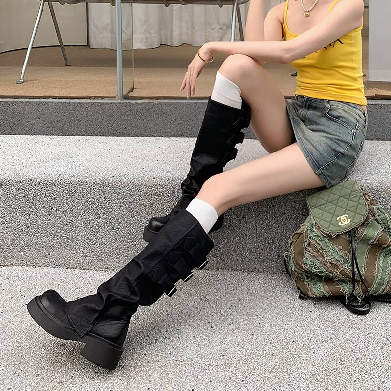2024 new thick high heel thick -bottom wrinkle boots Fashion versatile kraft long boots British style Western denim boys women