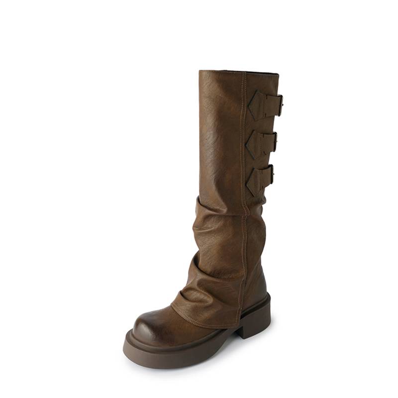 2024 new thick high heel thick -bottom wrinkle boots Fashion versatile kraft long boots British style Western denim boys women
