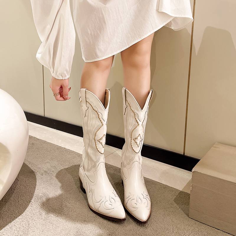 European and American V -port embroidery, but knee west denim boots 2024 new high -heeled retro white knight fashion boots