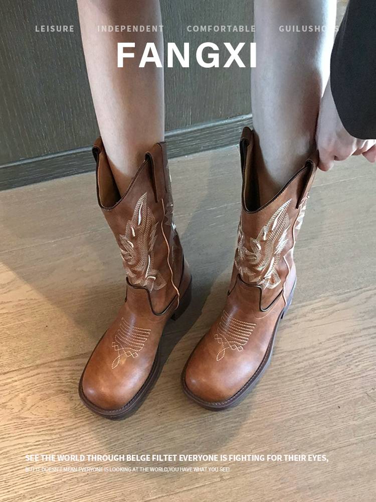 2024 new retro leather brown embroidery Western denim boots female high -heeled V mouth knight boots in Martin boots
