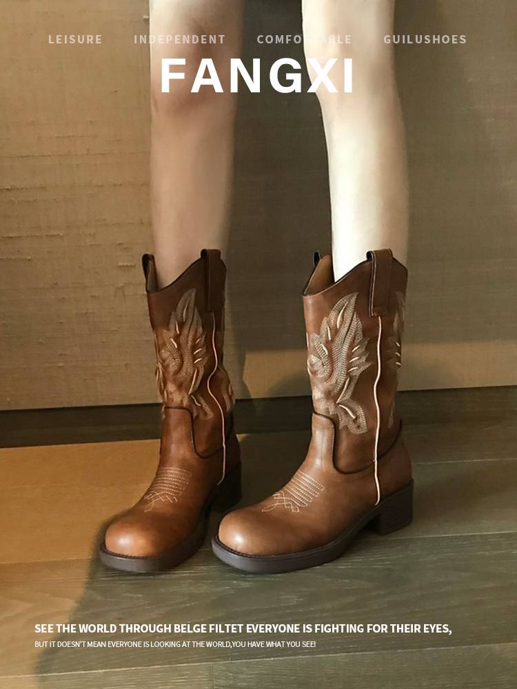 2024 new retro leather brown embroidery Western denim boots female high -heeled V mouth knight boots in Martin boots