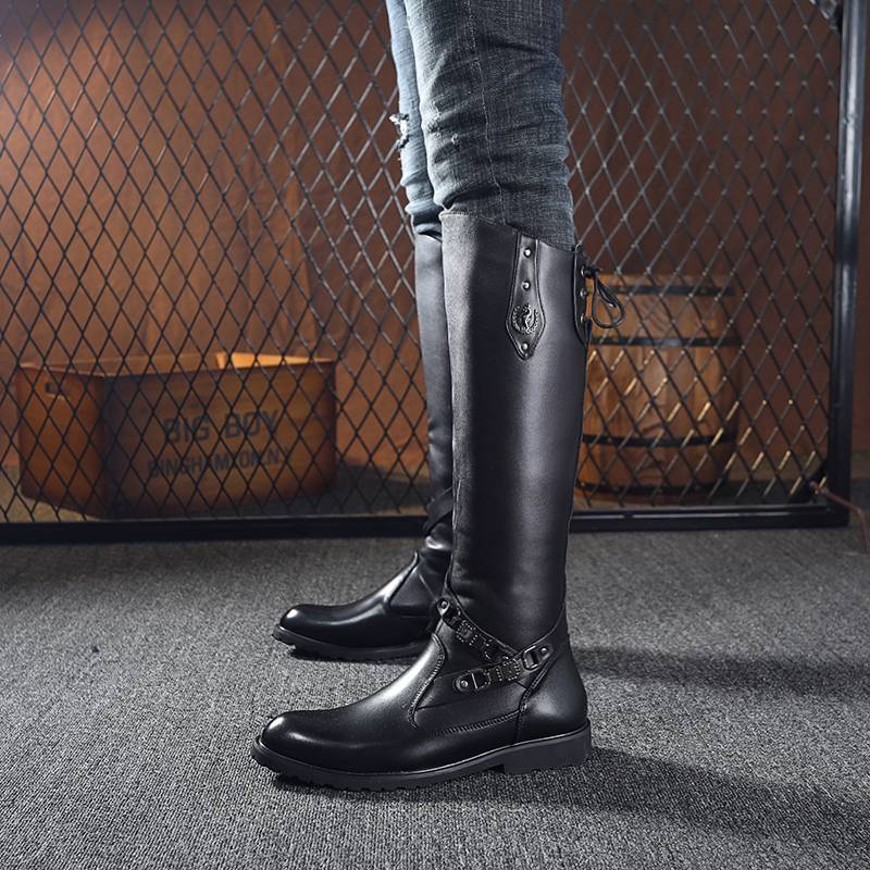 Men's boots in winter high boots punk metal rivet boots and leather boots Korean version of trendy pointed bearing boots riding Martin boots