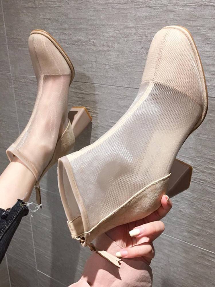 Guidi Fame thick heel net yarn bow boots female 2024 summer new temperament high heel black square short boots female