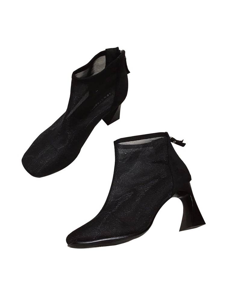 Guidi Fame thick heel net yarn bow boots female 2024 summer new temperament high heel black square short boots female