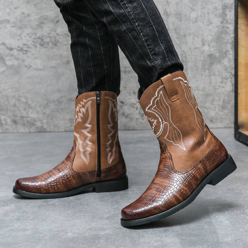 American retro Martin Boots Men's Autumn and Winter Western denim worker boots embroidered long tube side zipper high -top riding boots