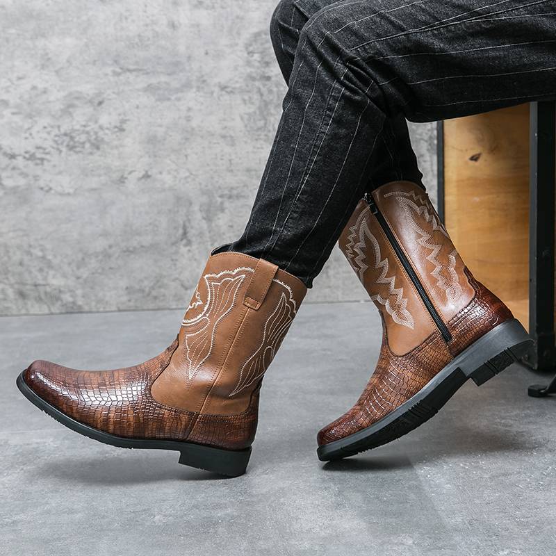 American retro Martin Boots Men's Autumn and Winter Western denim worker boots embroidered long tube side zipper high -top riding boots