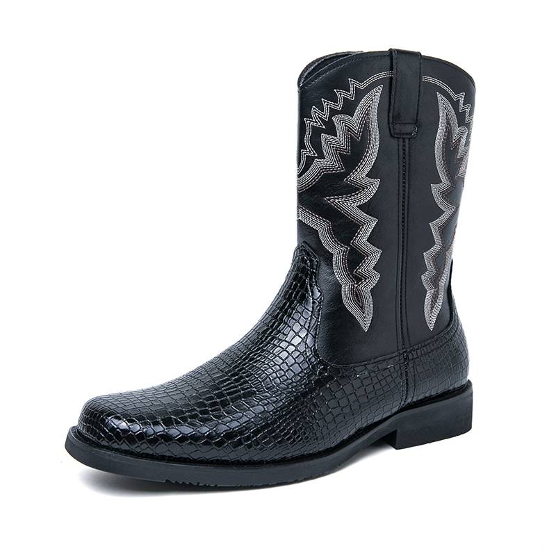American retro Martin Boots Men's Autumn and Winter Western denim worker boots embroidered long tube side zipper high -top riding boots