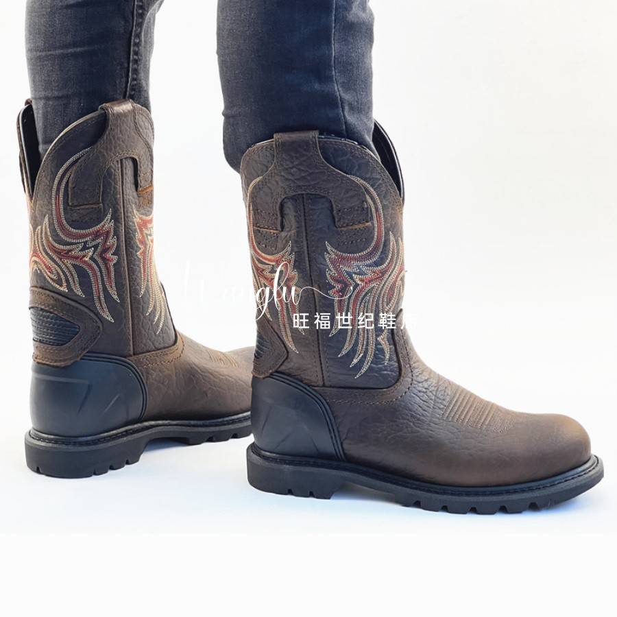 Hard goods new cowhide men's boots round head Western denim boots rider boots solid -alien car boots sleeve embroidery