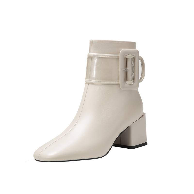 Fang head thick heel short boots female 2022 winter new velvet short boots 33 yards white leather spring and autumn single boots