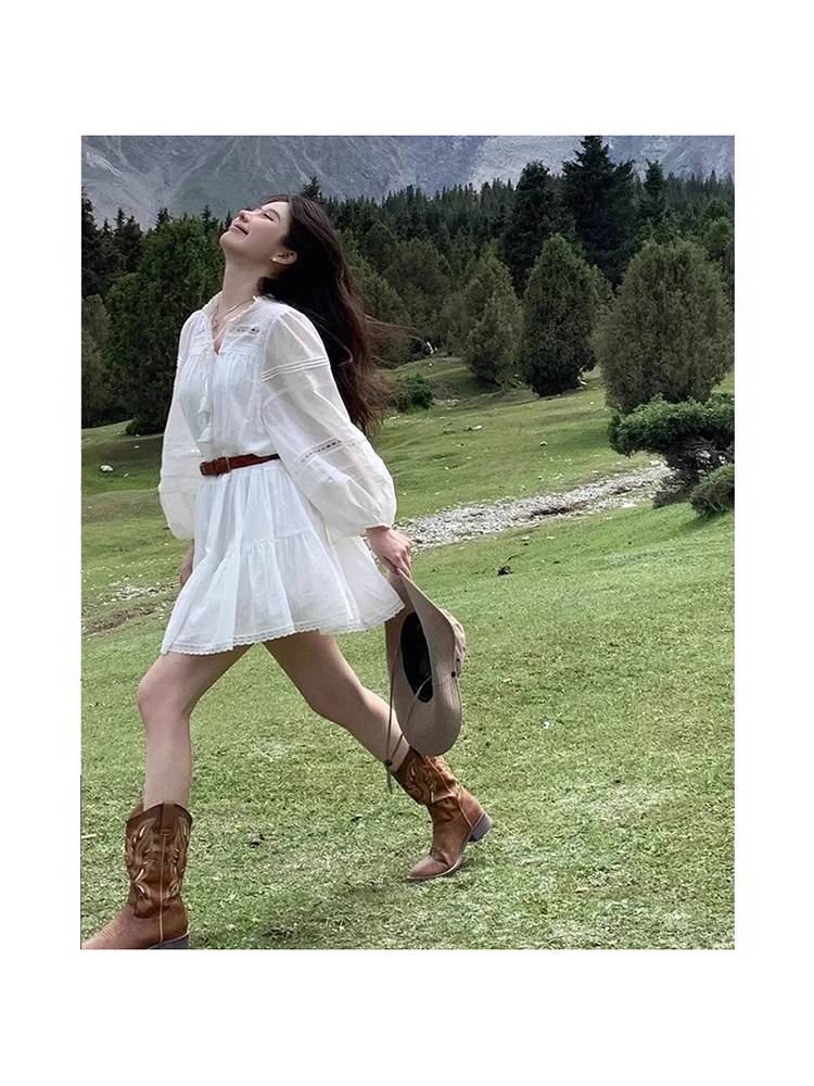 He Sui Same Western denim boots female retro knight boots in spring and summer thin ethnic style long boots Martin boots