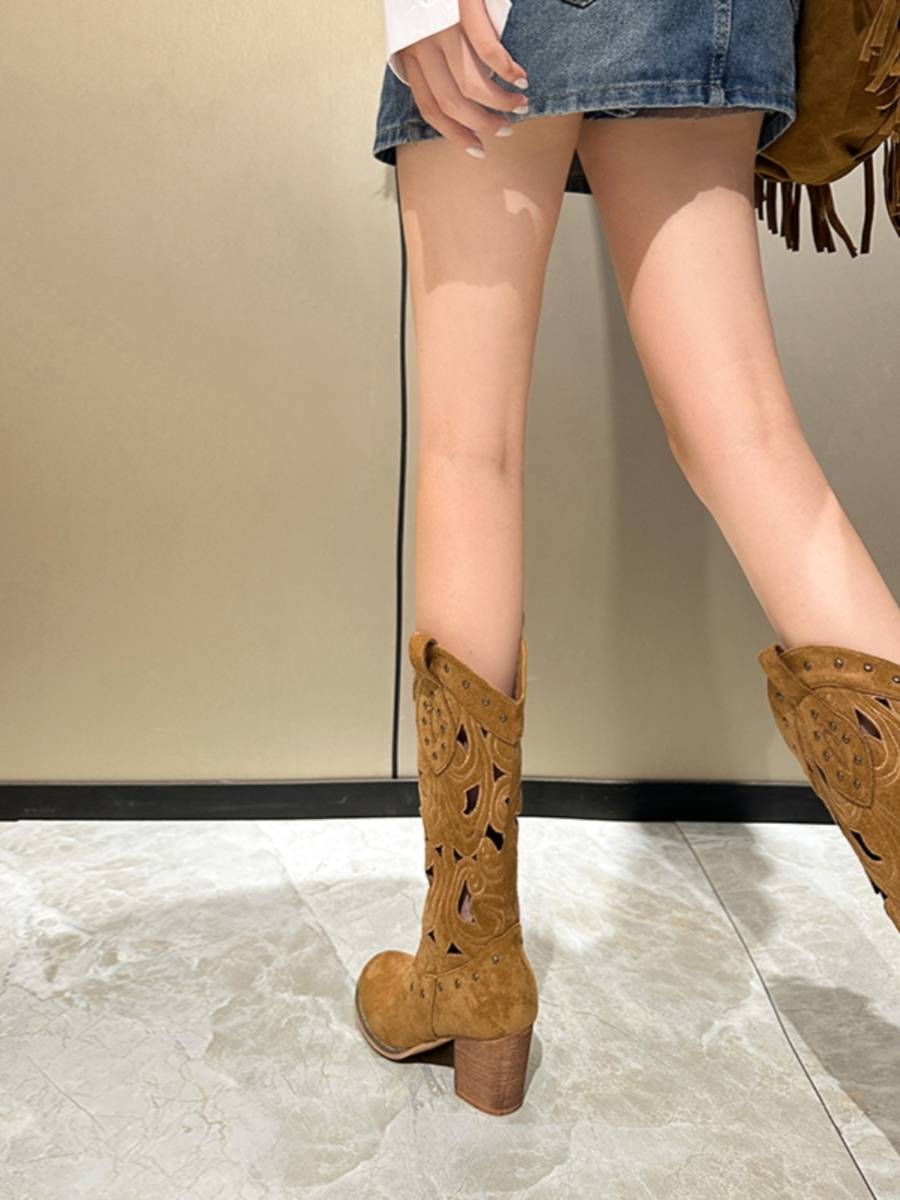 Cowhide version ~ pointed V -port embroidery knight boots 2024 Hollow rough heels in western denim boots high boots