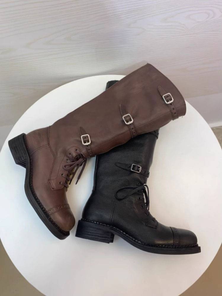 New MIU*Retro thick sole long boots round head buckle thick heels Martin boots wipe color western denim boots