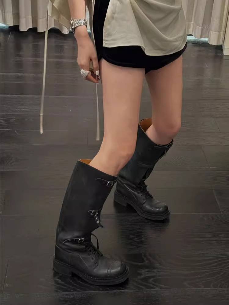New MIU*Retro thick sole long boots round head buckle thick heels Martin boots wipe color western denim boots