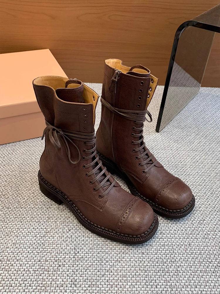 New MIU*Retro thick sole long boots round head buckle thick heels Martin boots wipe color western denim boots