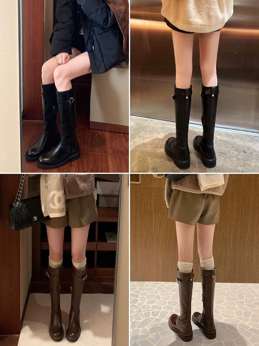 Washing horse peel spot leakage 152 ~ boots female autumn and winter belt buckle knights, thick heel thick sole high boots folds