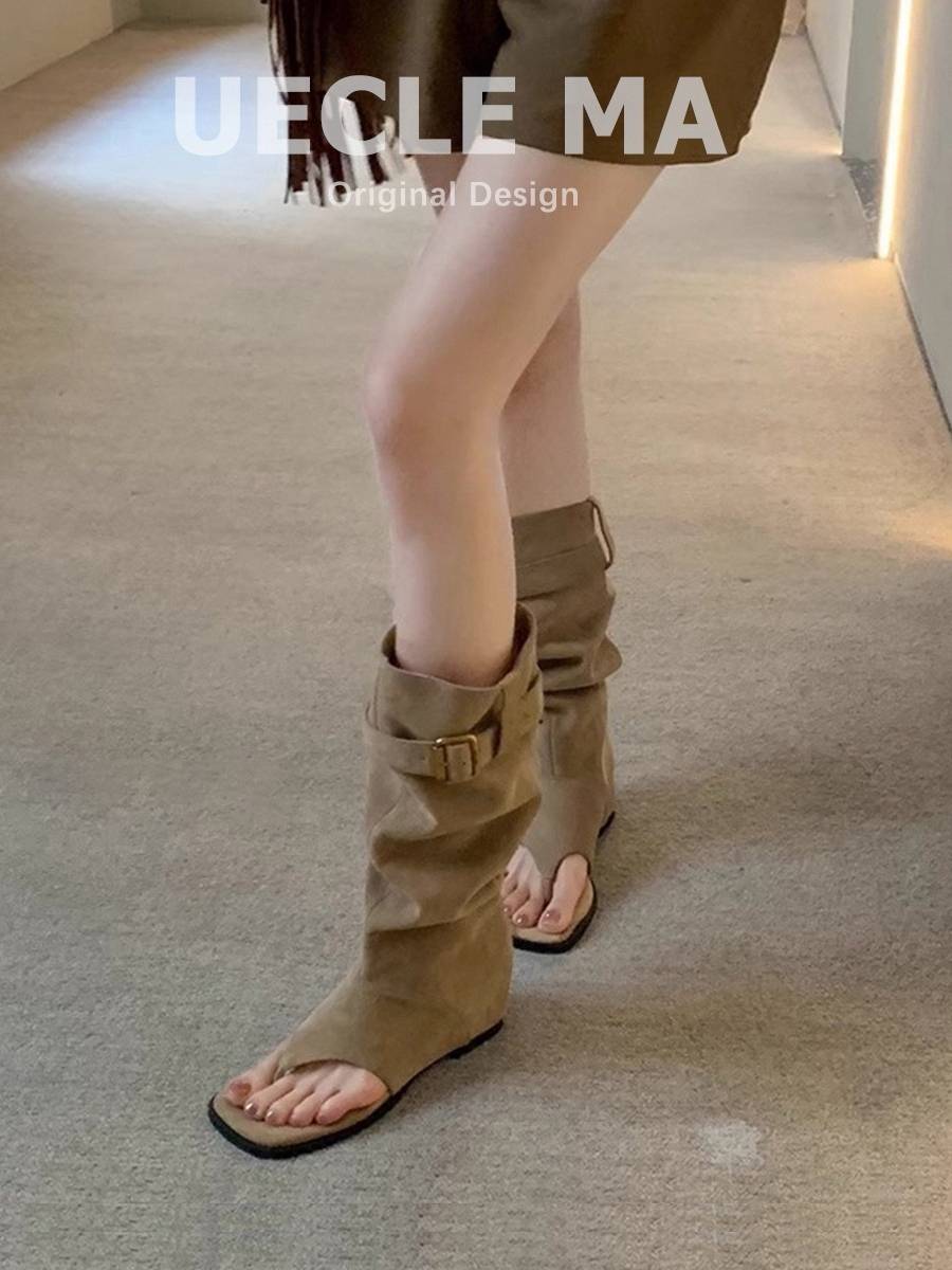 Inner increase of high boots female fashionable hot girl wind pinching in summer long boots in the middle of the western boots of the western boots