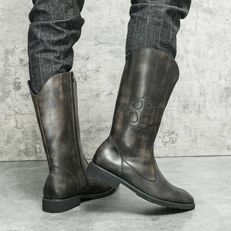 American brown Martin Boots Men's Autumn and Winter Western denim workers embroidered long tube side zipper high -top riding boots