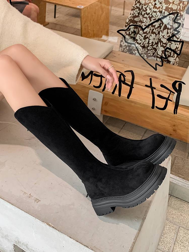 Autumn and winter new thick -soled high -bottomed heel boots are thin versatile long cylindrical knights, boots, large heels, middle tube shoes